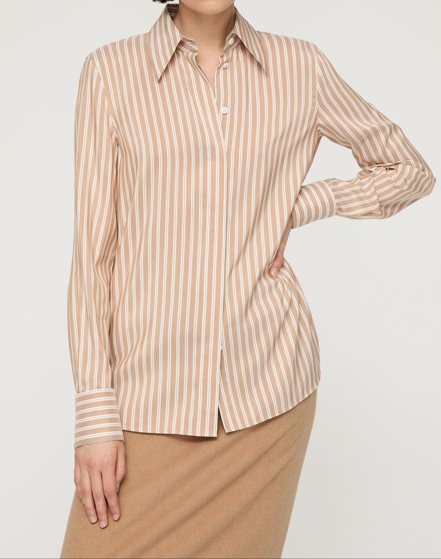 Lafayette 148 Striped Silk French Cuff Blouse in Camel Multi