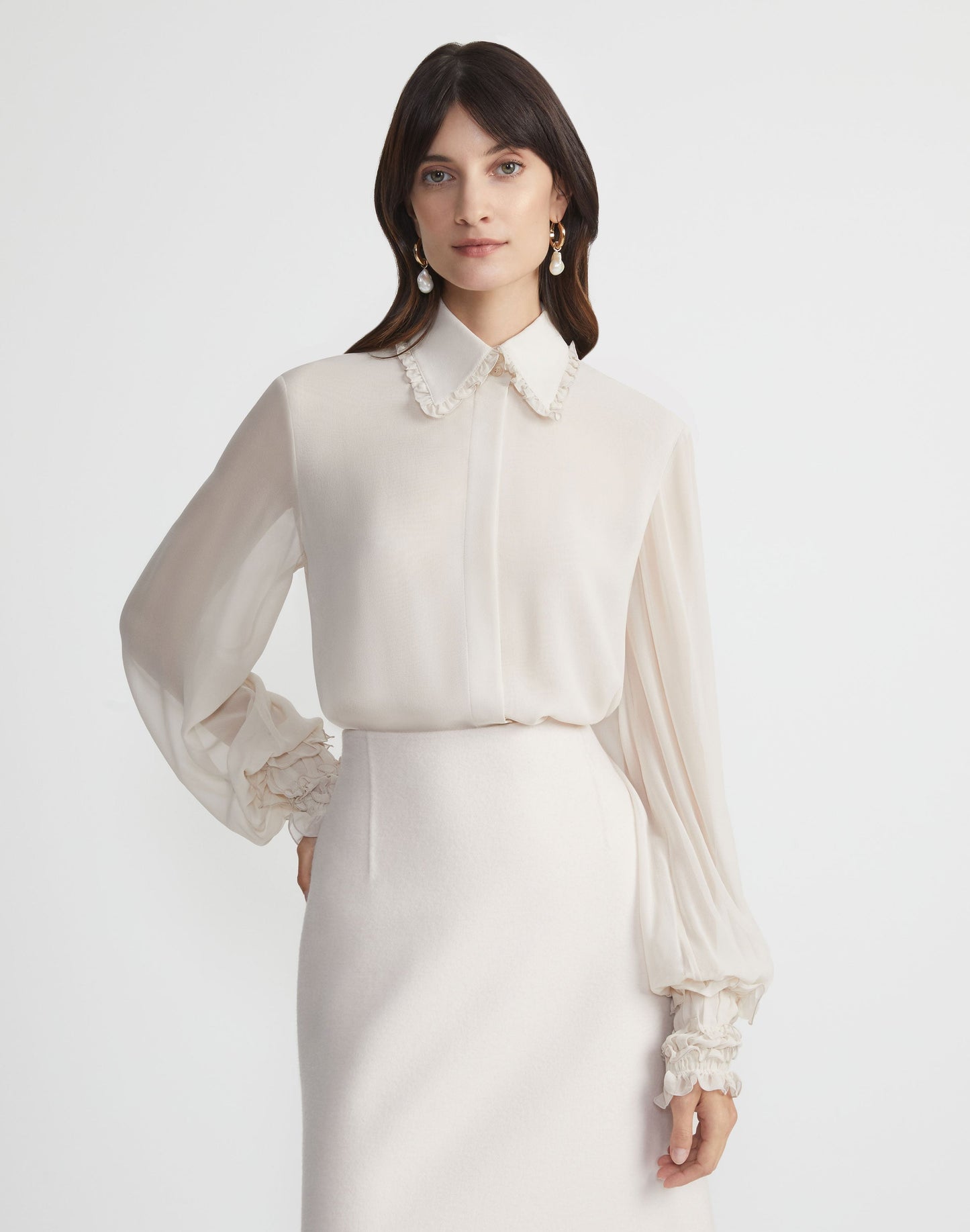 Lafayette 148 Pleated Collar Balloon Sleeve in Pearl