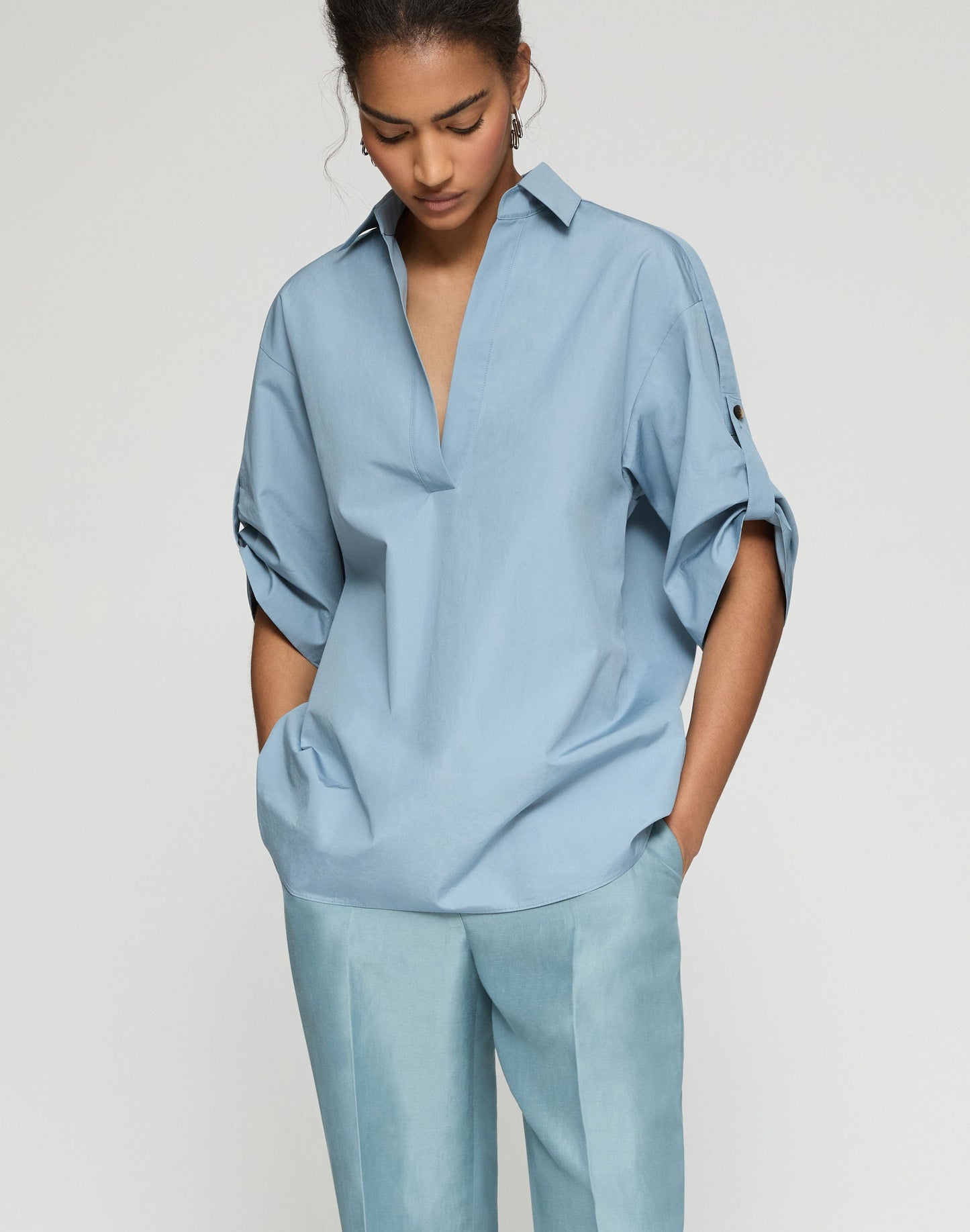 Lafayette 148 Tab Sleeve Popover Shirt in Paper Blue