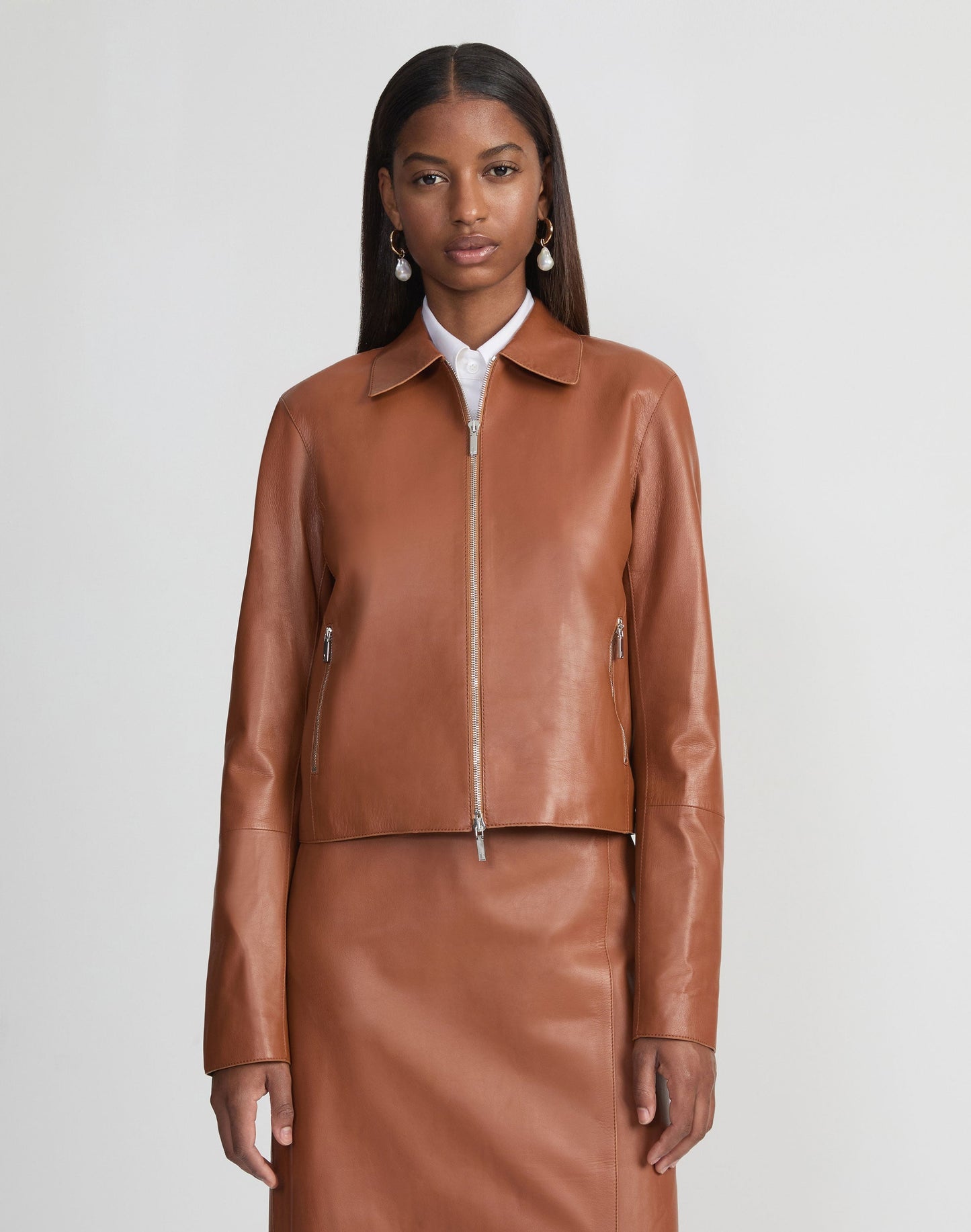 Lafayette 148 Nappa Lambskin Leather Zip Cropped Jacket in Copper