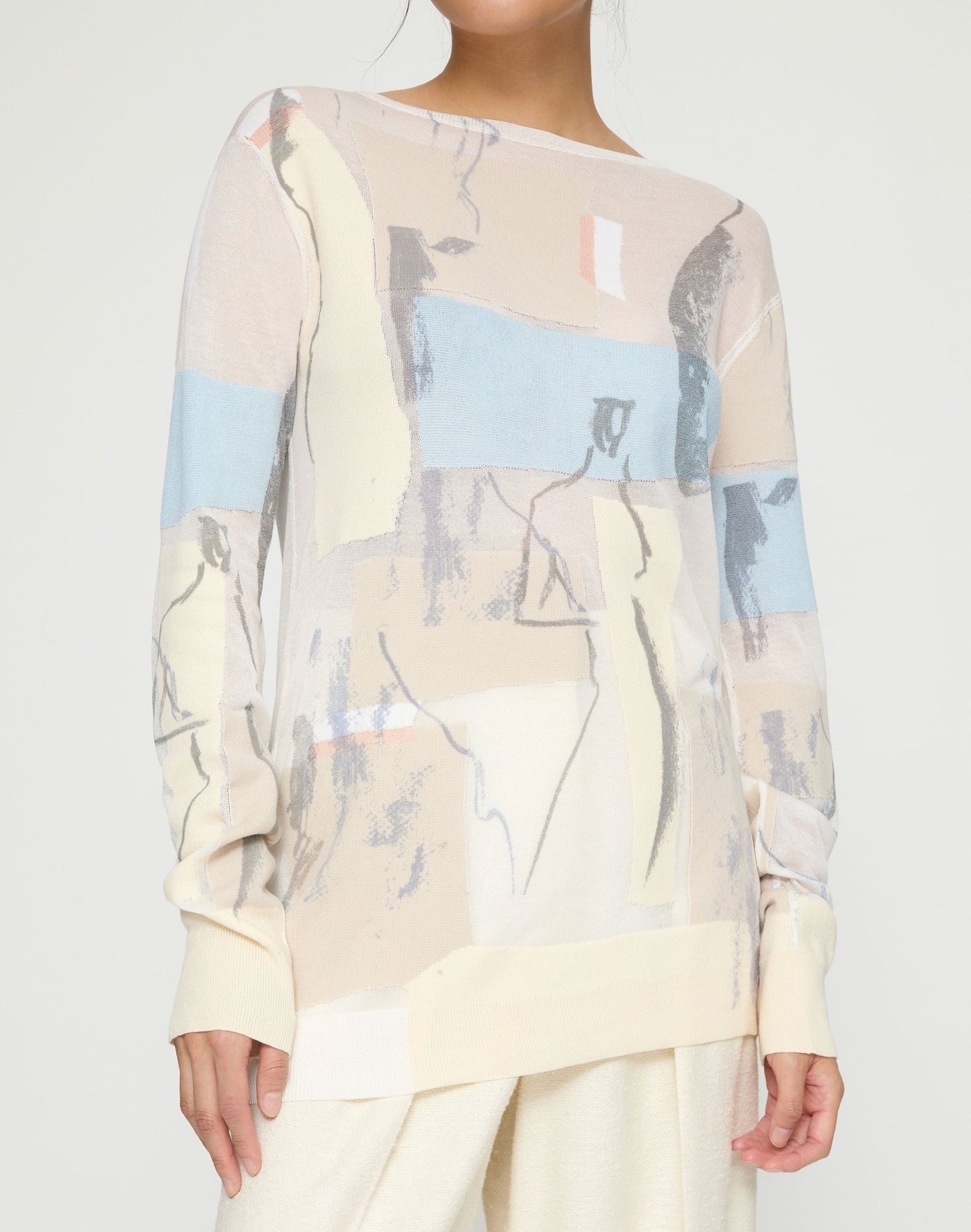 Lafayette 148 Sketchbook Print Finespun Voile & Cotton Crepe Yarn Intarsia Sweater in Paper