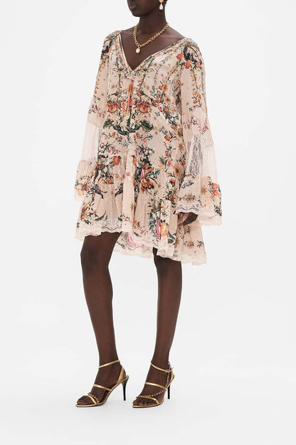 Camilla A-line Gathered Panel Dress With Lace in Rose Garden Revolution