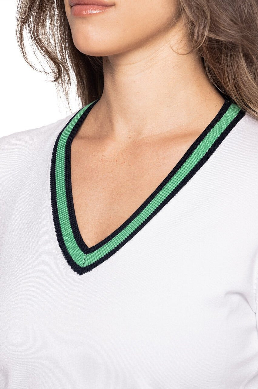 Golfini Stretch V-Neck Sweater in White/Kelly Green