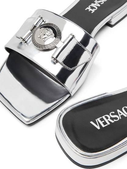 Versace Medusa Buckle Metallic Flat Sandal Mule in Silver