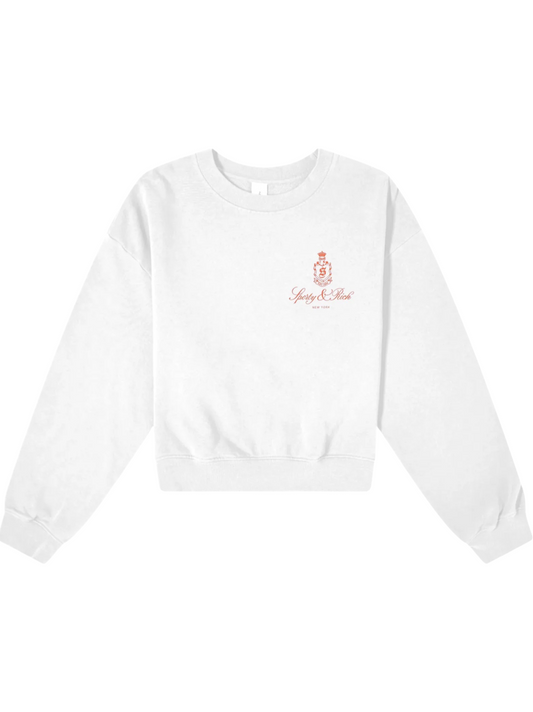 Sporty & Rich Vendome Cropped Crewneck Sweatshirt in White/Cerise