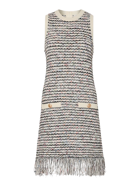 Milly Textured Fringe Knit Mini Dress in Ecru Multi