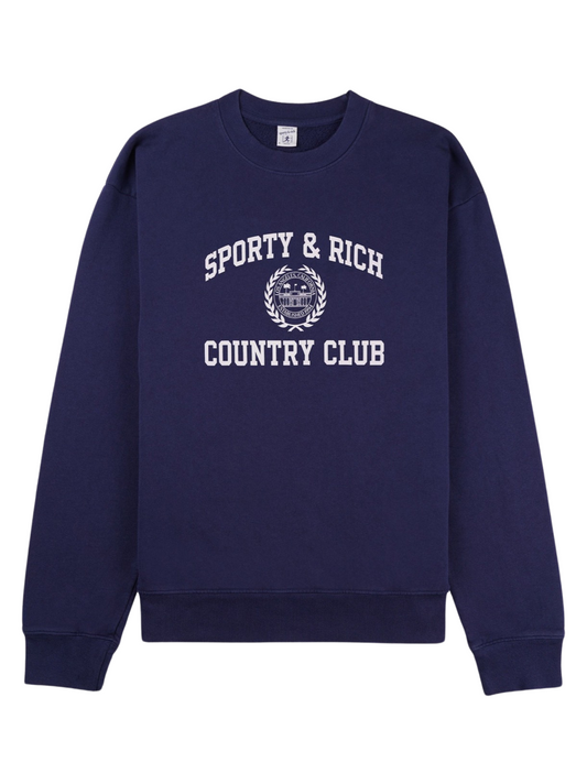 Sporty & Rich Varsity Crest Crewneck Sweatshirt in Navy/White