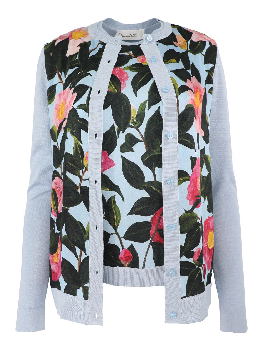 Oscar de la Renta Camellia Print Cardigan in Pink/Pale Blue