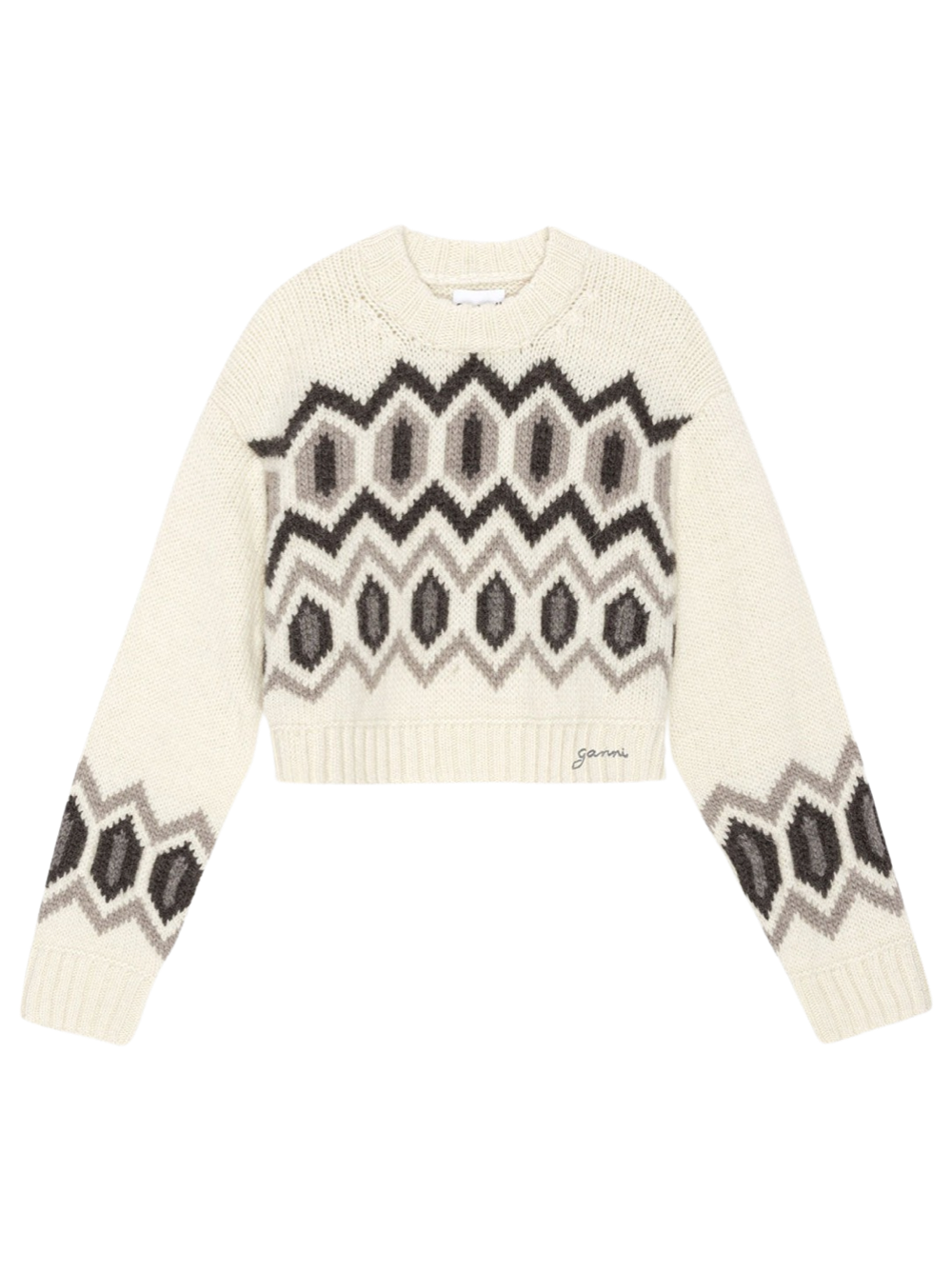 Ganni Chunky Graphic Wool Cropped O-Neck Sweater