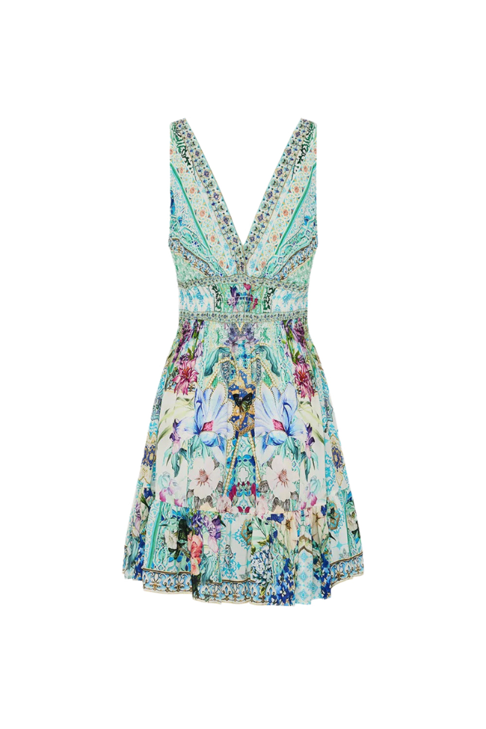 Camilla Shirred Waist Detail Mini Dress in Sunrise in Sintra