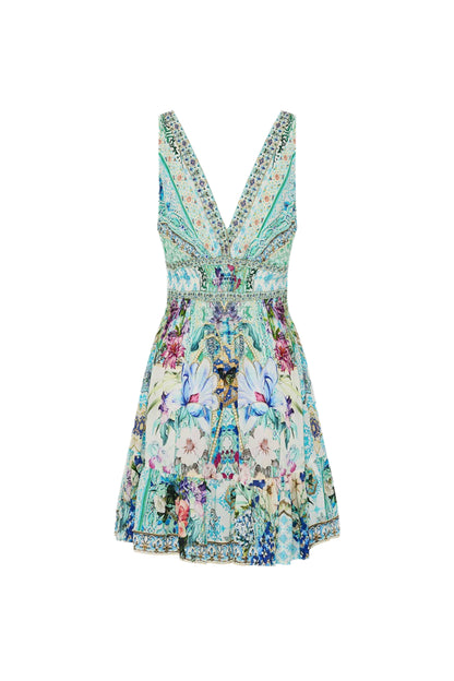 Camilla Shirred Waist Detail Mini Dress in Sunrise in Sintra