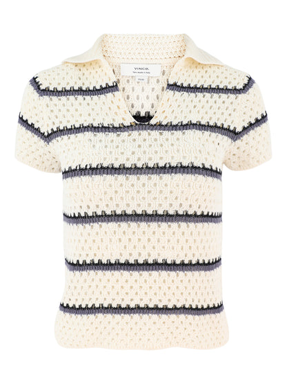 Vince Macrame Stripe Henley in Off White Combo