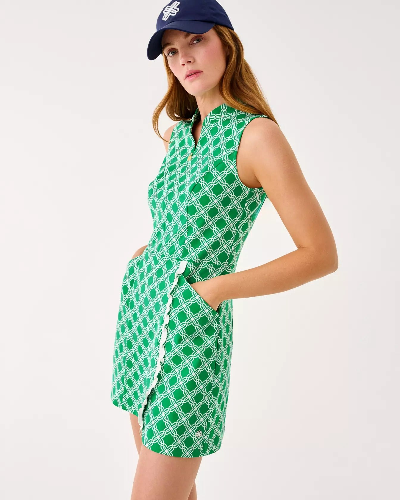 Lilly Pulitzer Catarina Ruffle Dress UPF 50+ in Bamboo Green Boo Green Open Butterfly Pattern