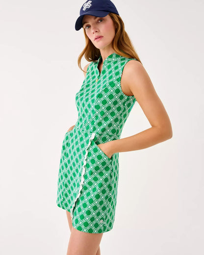 Lilly Pulitzer Catarina Ruffle Dress UPF 50+ in Bamboo Green Boo Green Open Butterfly Pattern