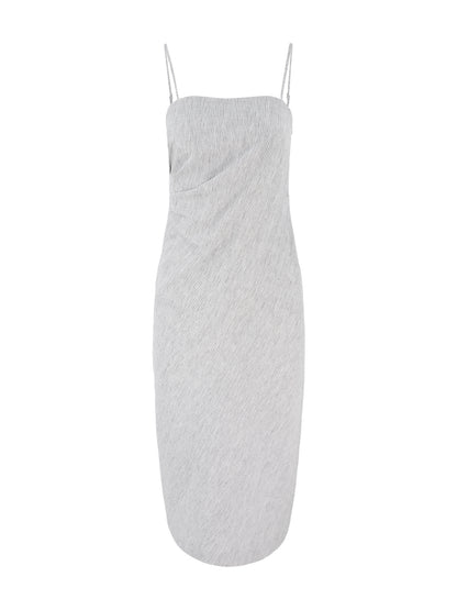 Vince Ticking Stripe Drape Front Strapless Dress in Iris Slate/Off White
