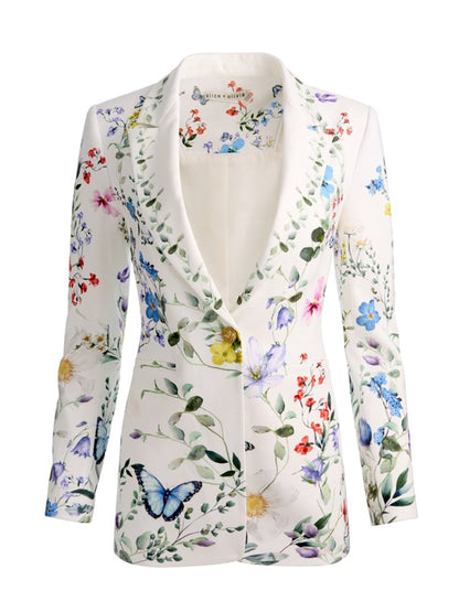Alice + Olivia Breann Long Fitted Blazer in Twisting Vines Off-White