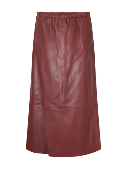 Vince Mid Rise Leather Gathered Skirt in Dark Raspberry