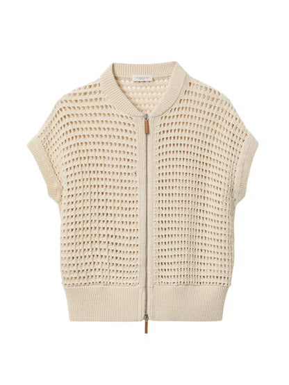 Lafayette 148 Open Stitch Zip Front Sweater in Pebble