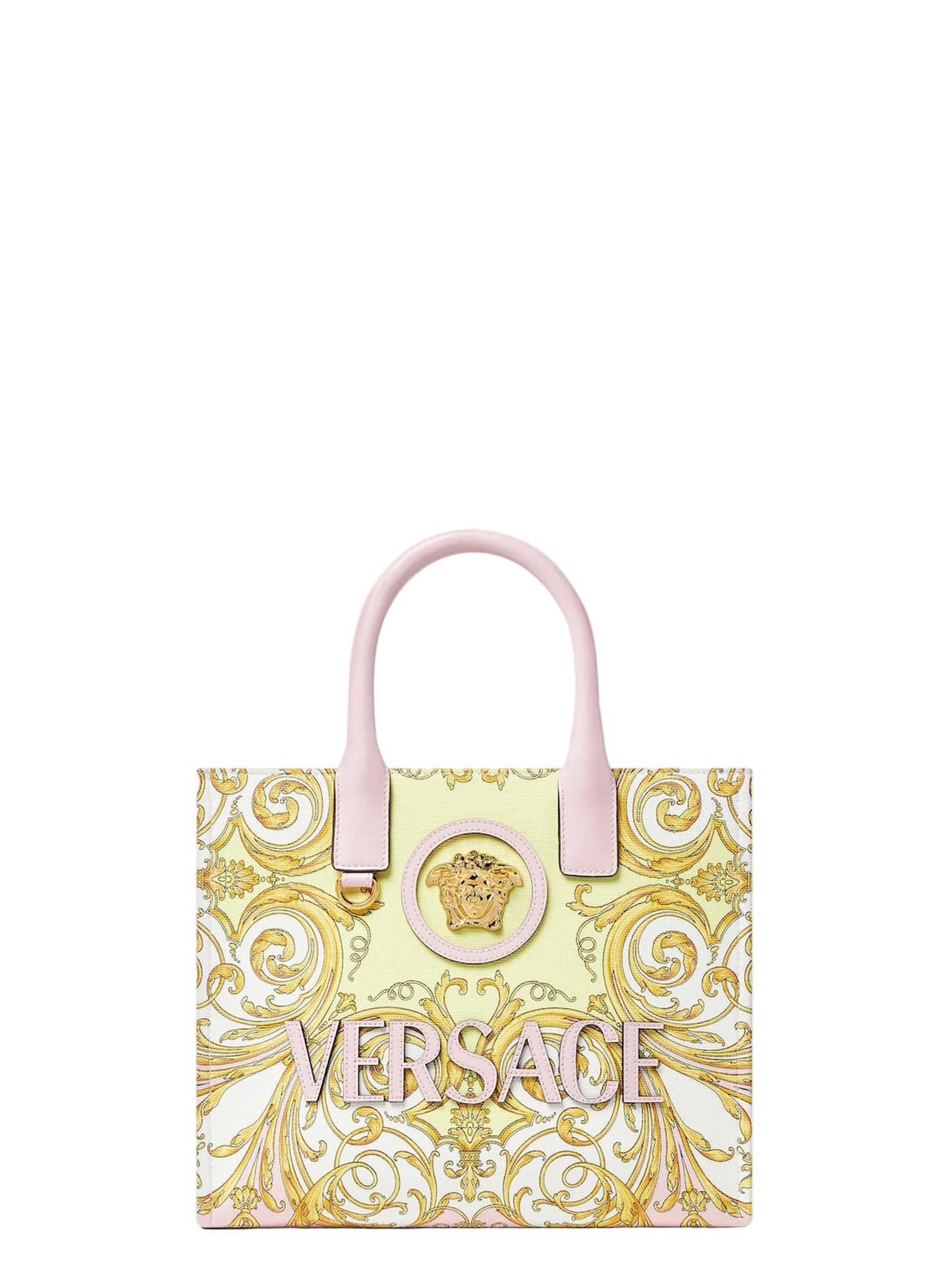 Versace La Medusa Printed Small Canvas Tote in Pink + Gold