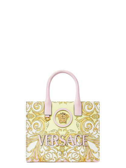 Versace La Medusa Printed Small Canvas Tote in Pink + Gold