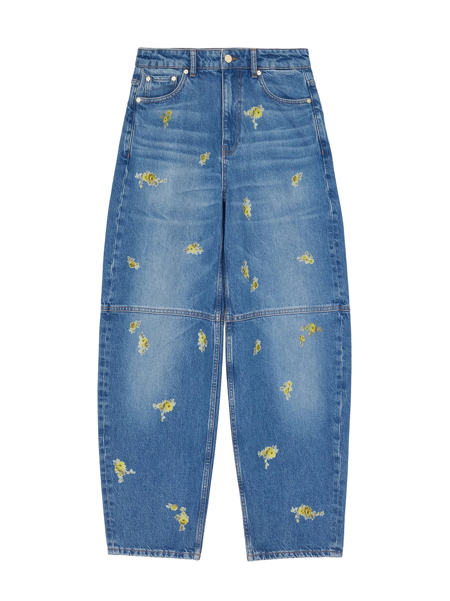 Ganni Stary Barrel Jeans in Printed Denim in Light Blue Vintage