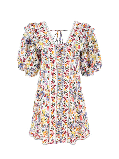 Farm Rio Topstitched Yoke Mini Dress in Greek Garden Off-White