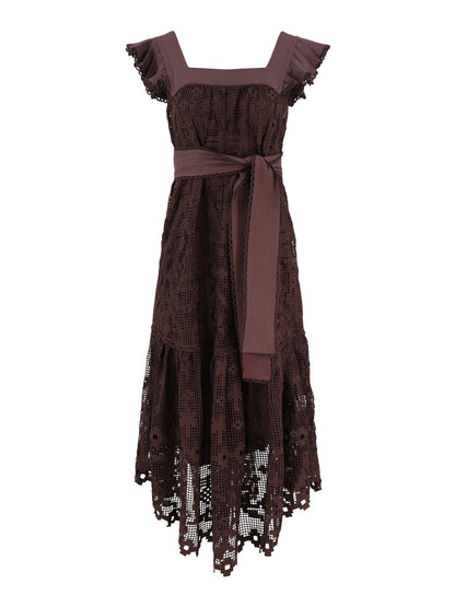 Farm Rio Pineapple Guipure Midi Dress in Brown