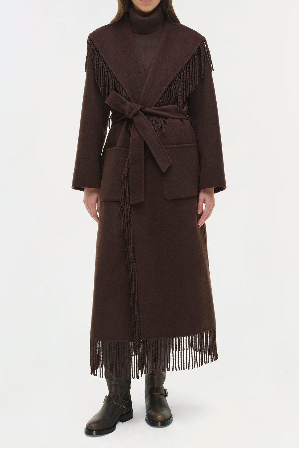 Simkhai Carrie Fringe Robe Coat in Chocolate