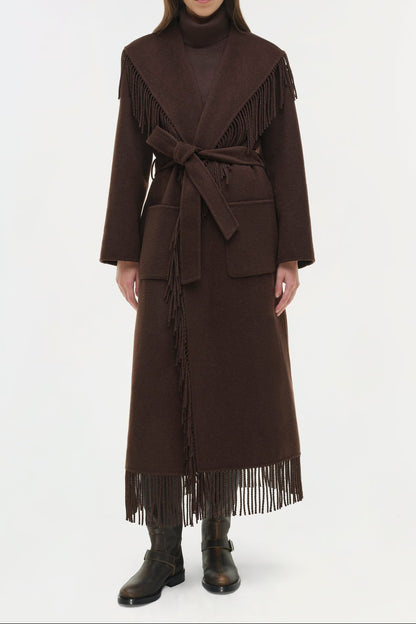 Simkhai Carrie Fringe Robe Coat in Chocolate