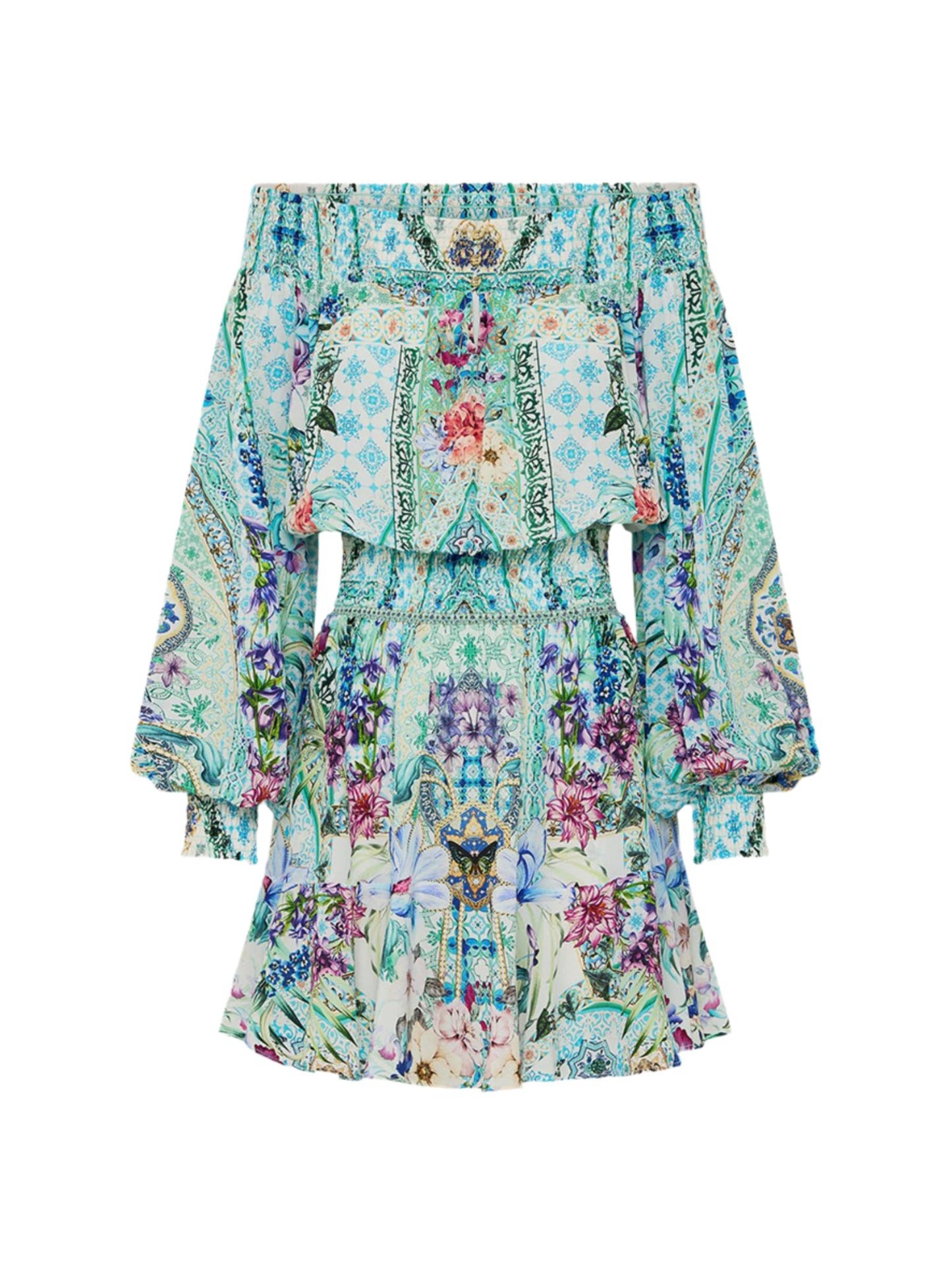 Camilla Off Shoulder Short Dress in Sunrise in Sintra