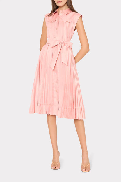 Milly Johanna Pleated Twill Midi Dress in Blush