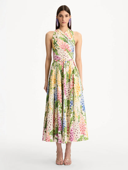 Oscar de la Renta Foxglove Cotton Poplin Halter Dress in White Multi