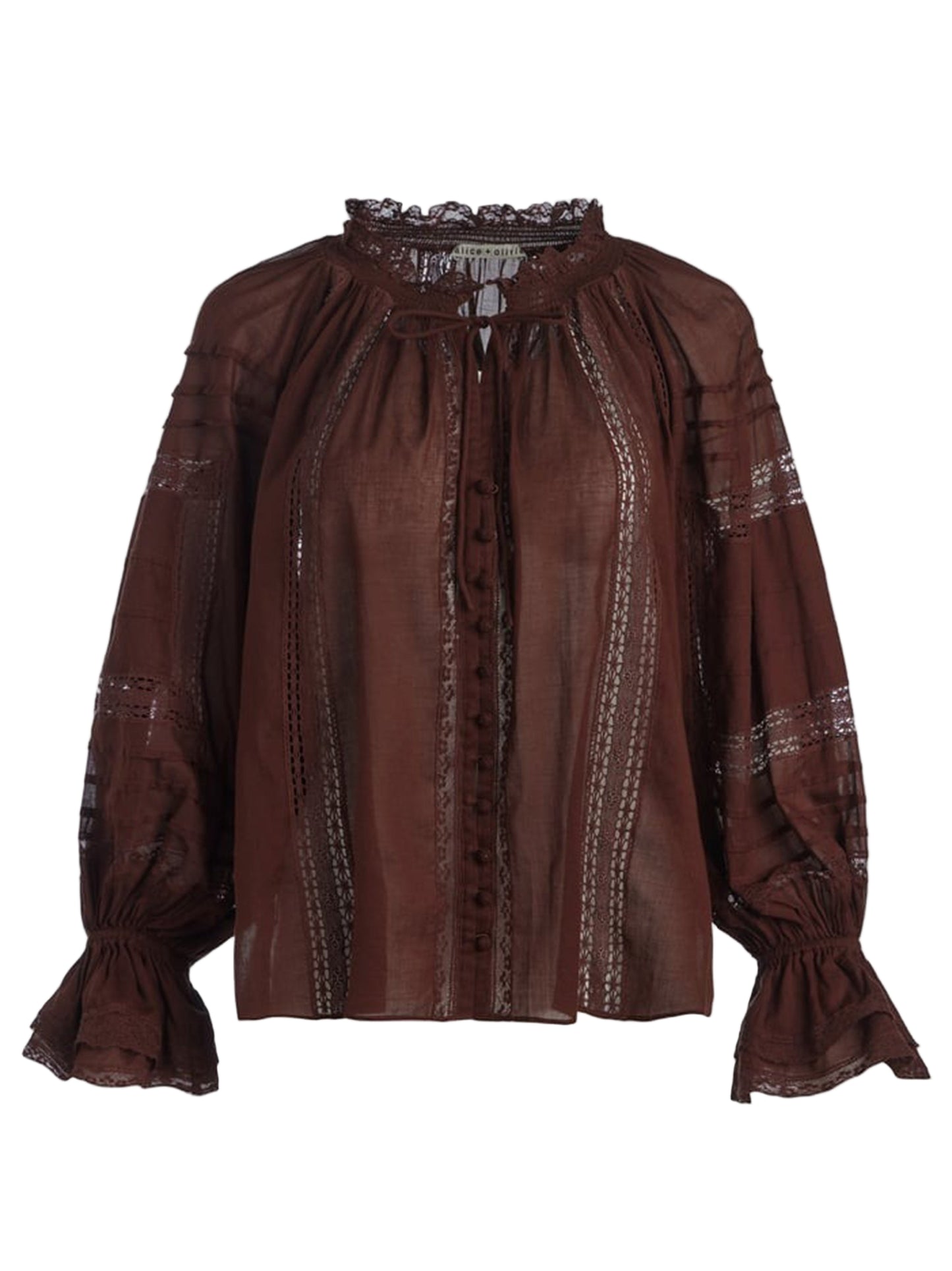 Alice + Olivia Josephine Split Neck Ruffle Sleeve Blouse in Mocha