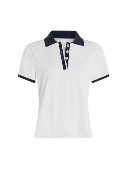 Varley Wisley Performance Polo Shirt in White/Blue Nights
