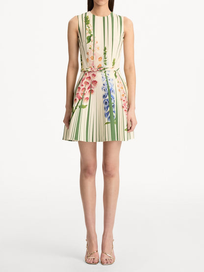 Oscar de la Renta Sleeveless Pleated Tromp L'oeil Foxgloves Dress in Green Multi