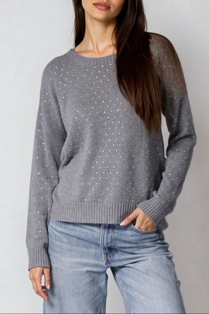 Minnie Rose Cotton Cashmere Boxy Rhinestone Crew (More Colors)