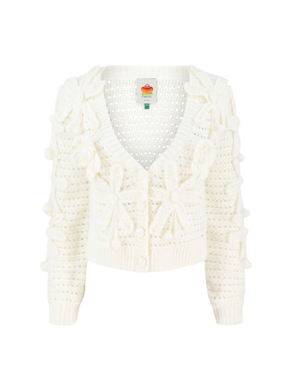Farm Rio Crochet Flowers Knit Cardigan in Off-White