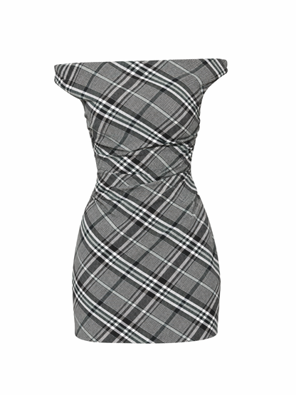 Simkhai Wells Off Shoulder Mini Dress in Everglade Plaid