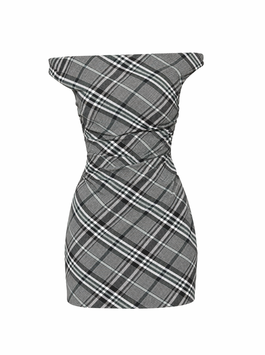 Simkhai Wells Off Shoulder Mini Dress in Everglade Plaid