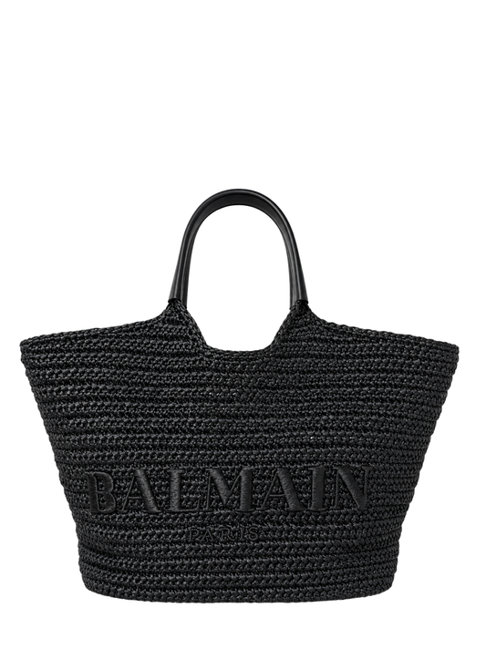 Balmain Cabas Large Faux Raffia Tote Bag in Black