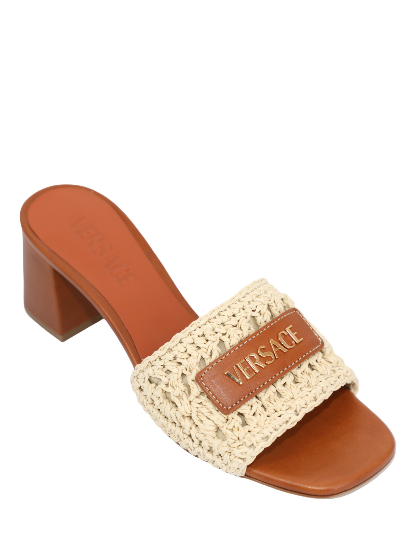 Versace Logo Raffia and Leather Mule Sandals