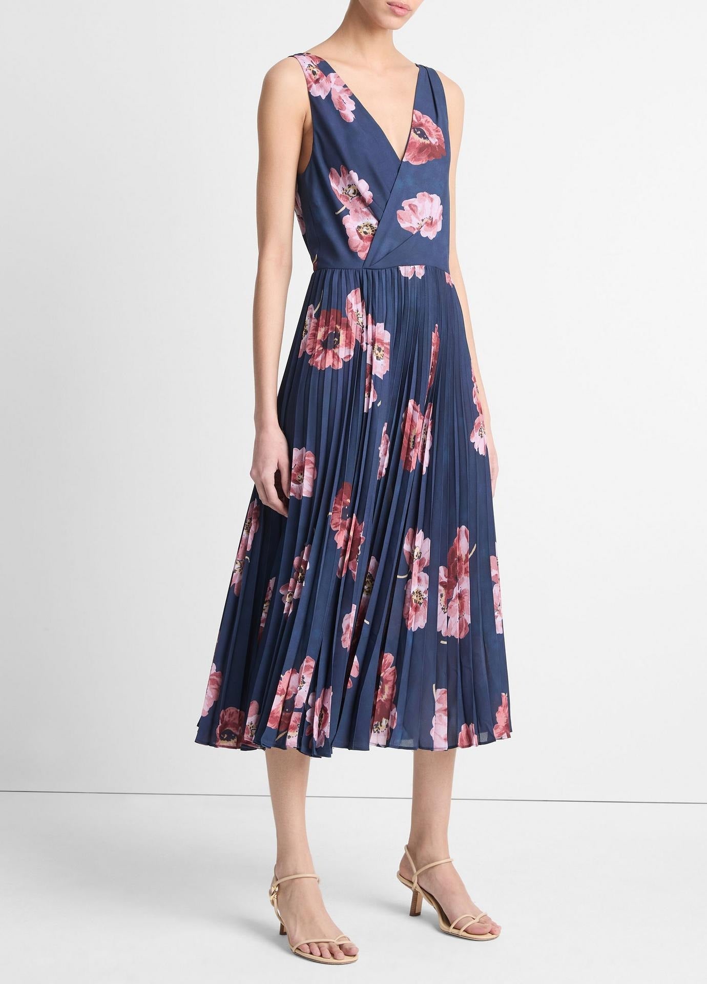 Vince Painted Poppy Pleated Draped V-Neck Dress in Marine Night