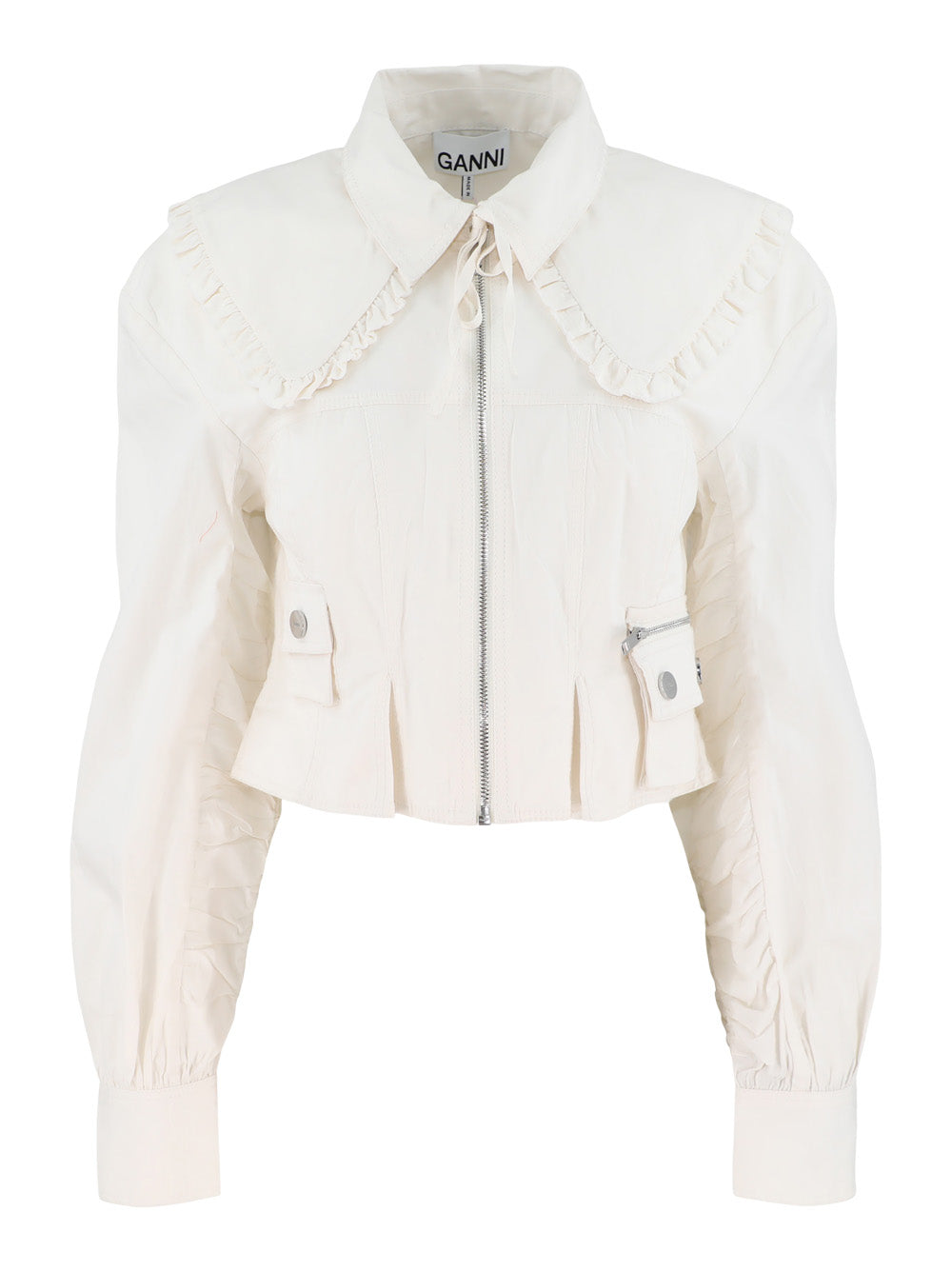 Ganni Washed Stretch Cotton Bomber Jacket in Egret