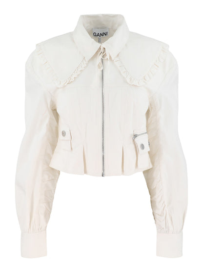 Ganni Washed Stretch Cotton Bomber Jacket in Egret