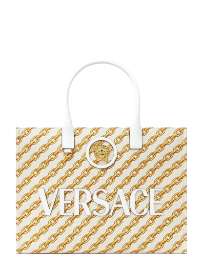 Versace Chain Stripes La Medusa Small Tote in Porcelain White/Multi/Gold