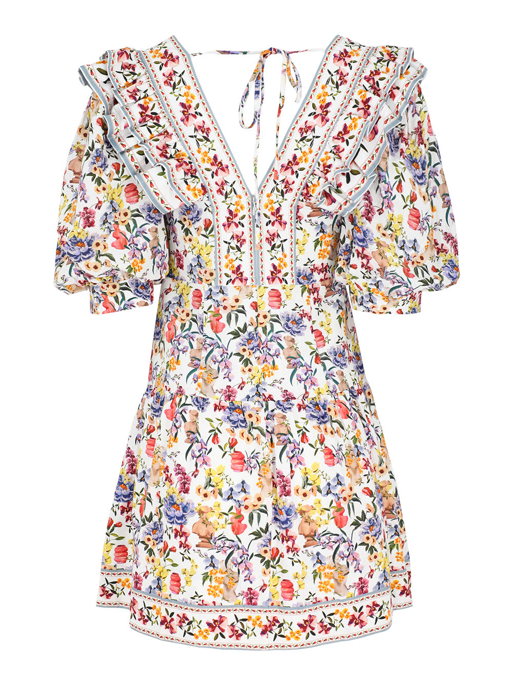 Farm Rio Topstitched Yoke Mini Dress in Greek Garden Off-White
