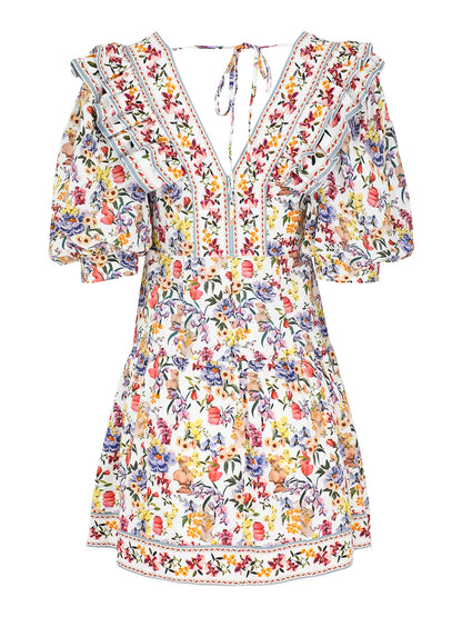 Farm Rio Topstitched Yoke Mini Dress in Greek Garden Off-White