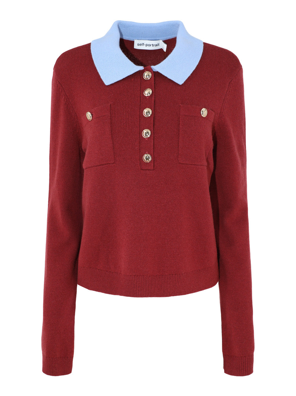 Self-Portrait Burgundy Contrast Collar Knit Top