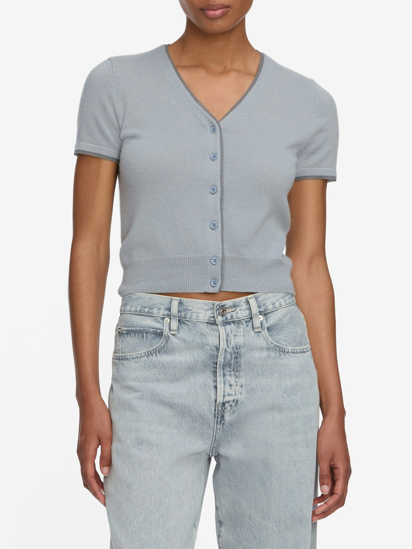 Frame Cashmere Mix Trim Cardi in Grey Blue
