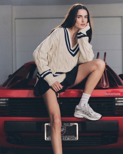 Sporty & Rich SRC Cableknit V-Neck Sweater in Ecru/Dark Navy/Ciel